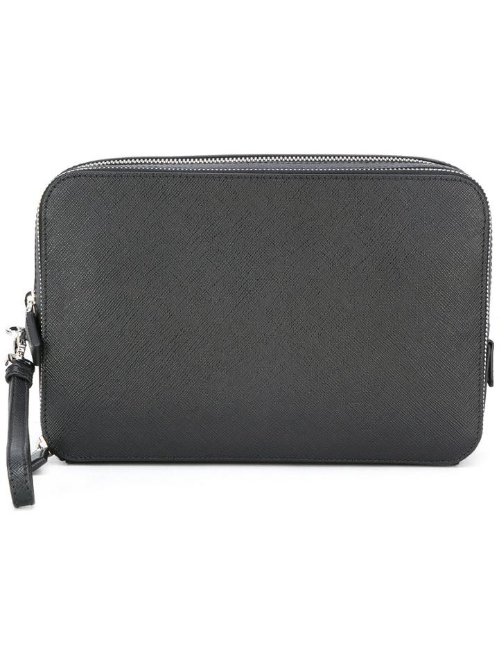 Prada Double Zips Clutch, Men's, Black, Leather