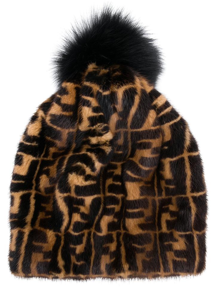 Fendi Logo Fur Beanie - Brown