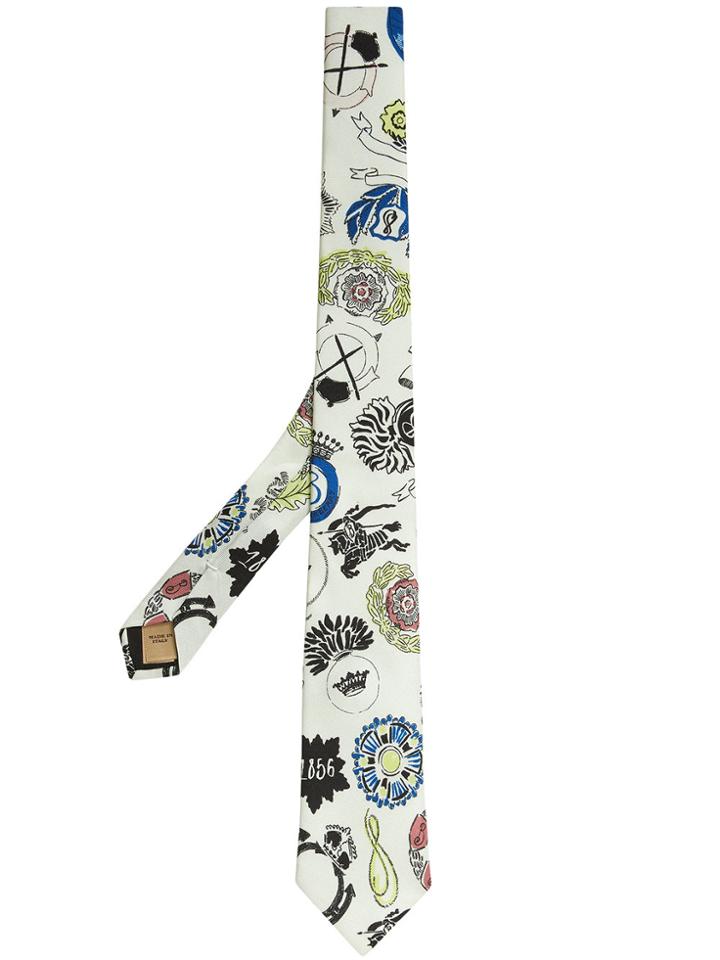 Burberry Slim Cut Emblem Print Silk Tie - White