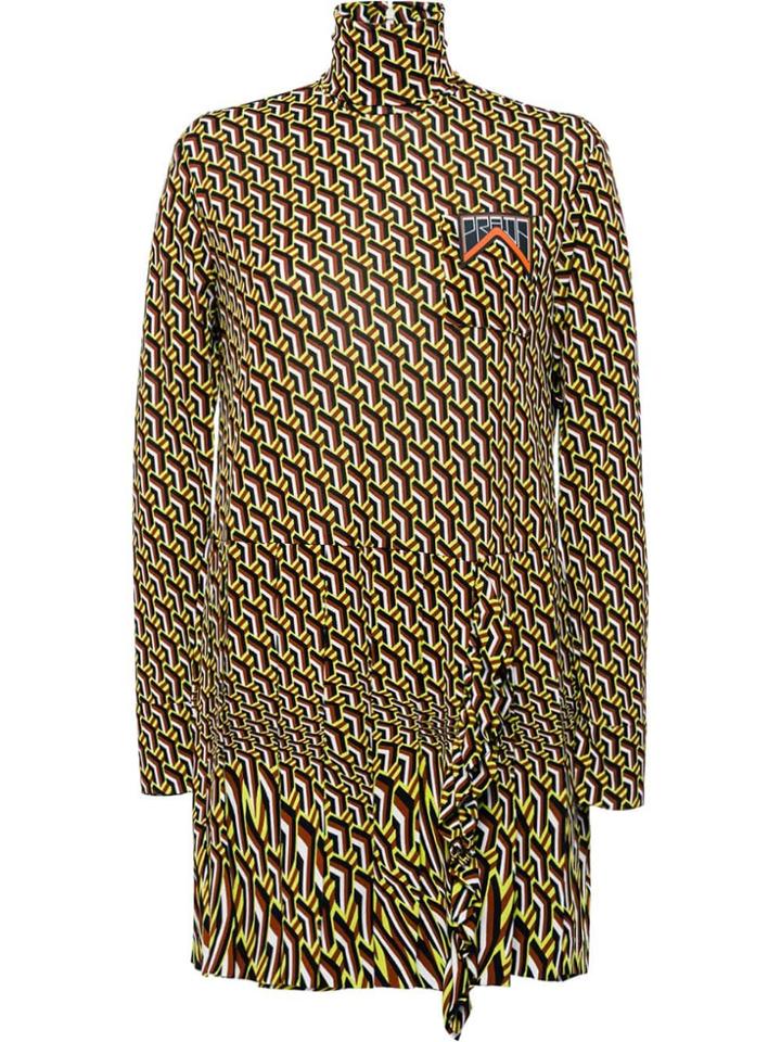 Prada Printed Jersey Dress With Ruching - Green