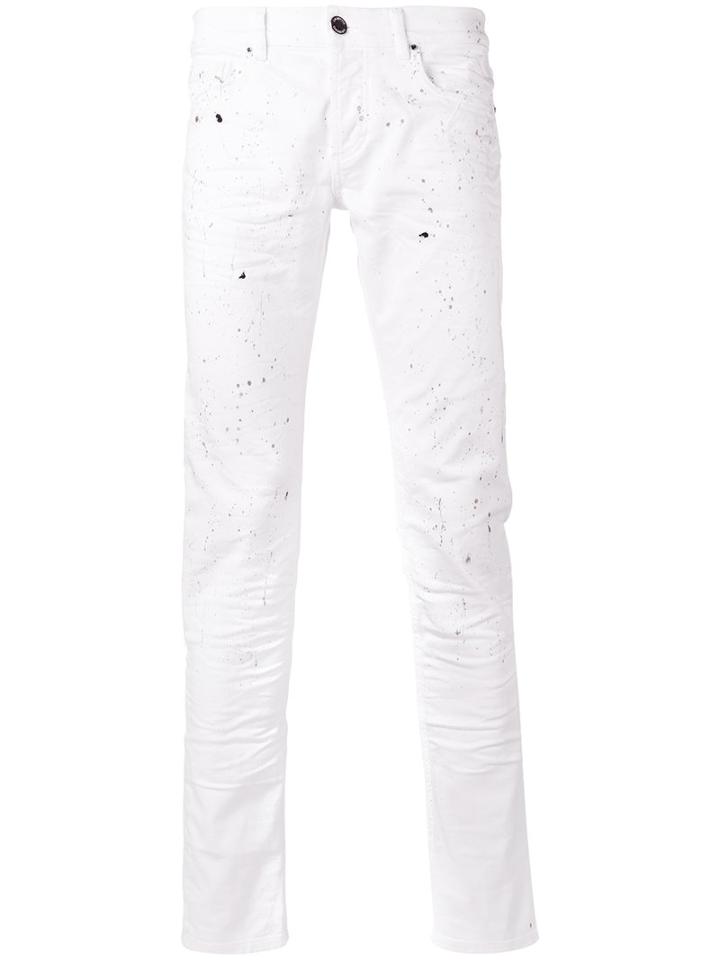 Les Hommes Paint Splatter Slim-fit Jeans, Men's, Size: 33, White, Cotton/spandex/elastane