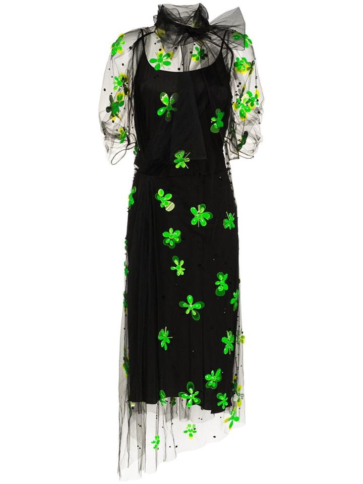 Prada High Neck Floral Embellished Dress - Black