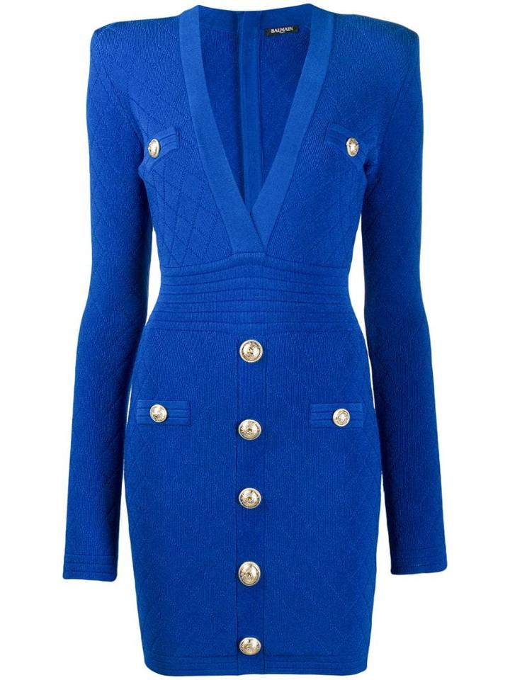 Balmain Knitted Button Mini Dress - Blue