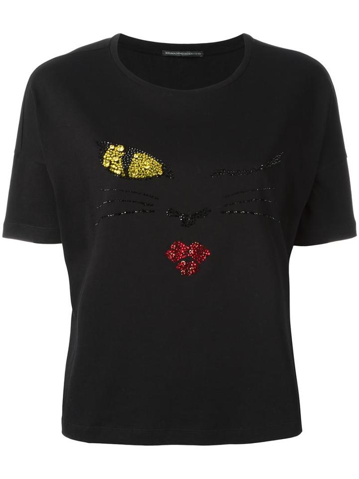 Ermanno Scervino 'cat Wink' Motif T-shirt, Women's, Size: 44, Cotton/glass/brass