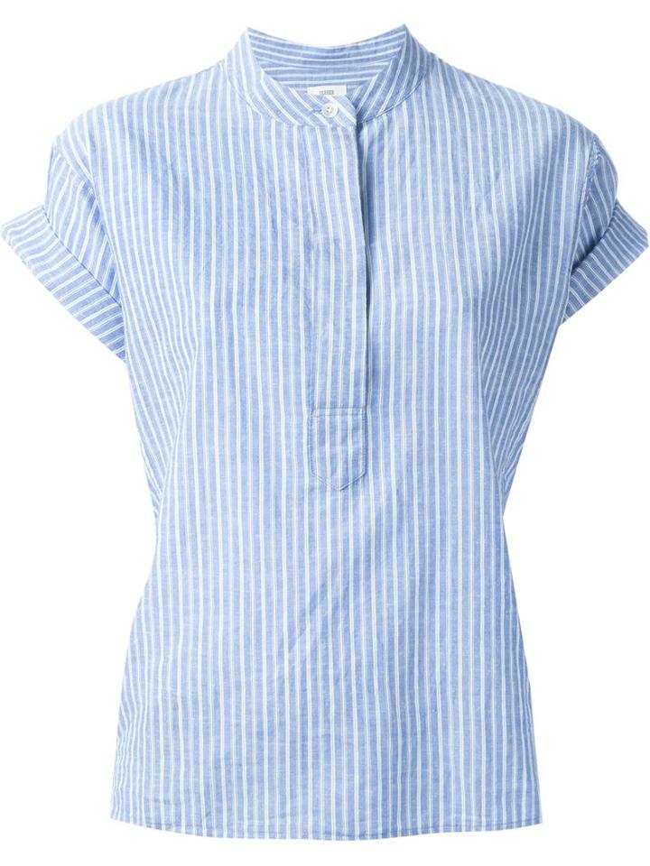 Closed Stand Collar Shirt, Women's, Size: S, Blue, Cotton/linen/flax