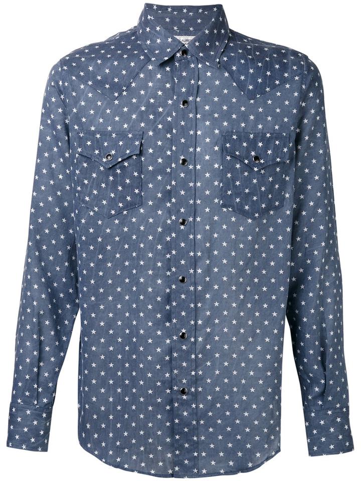 Saint Laurent Star Print Western Shirt, Men's, Size: Small, Blue, Cotton