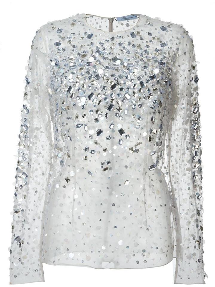 Blumarine Sheer Netted Bejeweled Long Sleeve Blouse