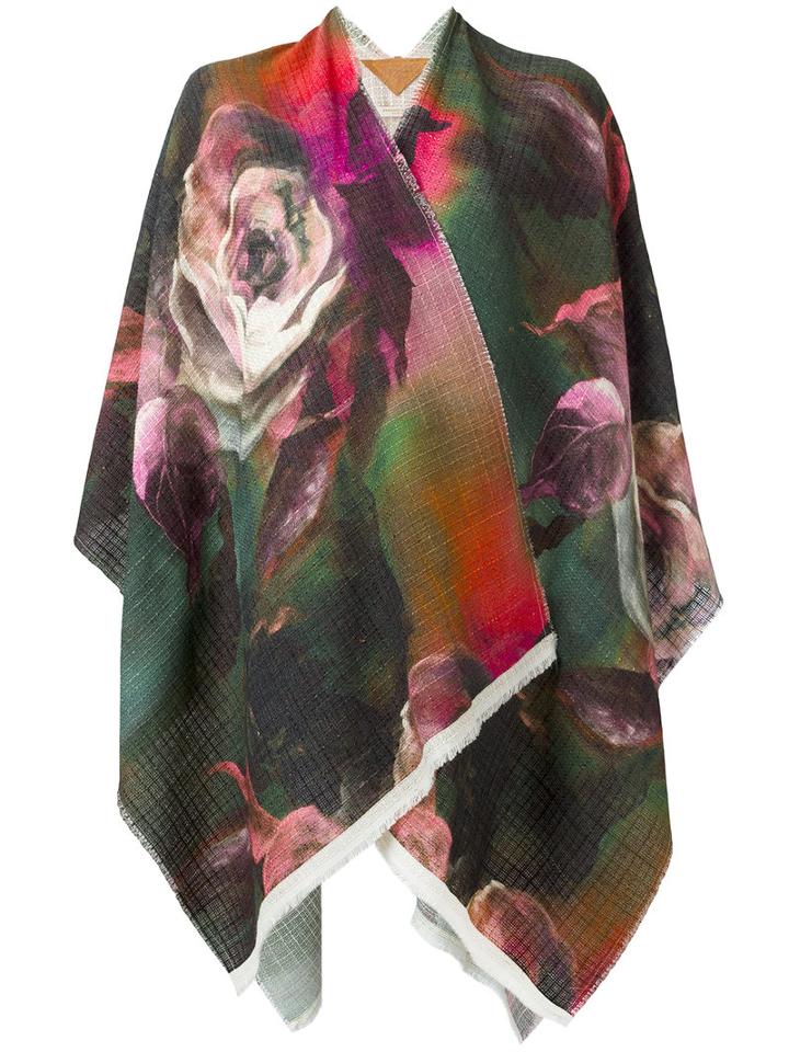 Ermanno Gallamini - Roses Print Poncho - Women - Linen/flax/polyamide/viscose - One Size, Women's, Green, Linen/flax/polyamide/viscose