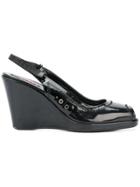 Prada Vintage Peep Toe Wedge Pumps - Black