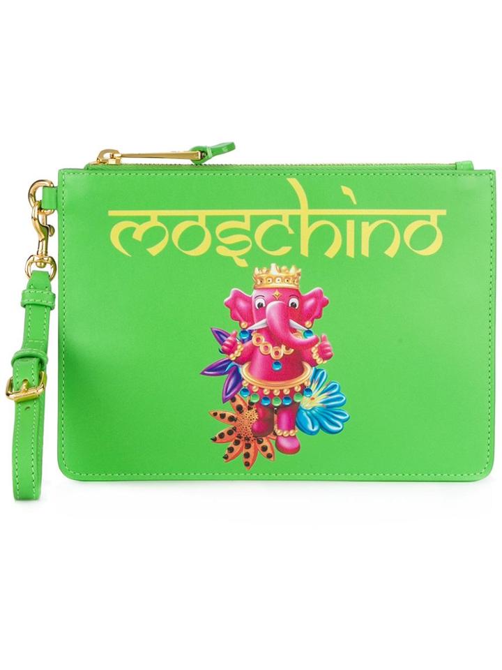 Moschino Crowned Elephant Print Clutch - Green