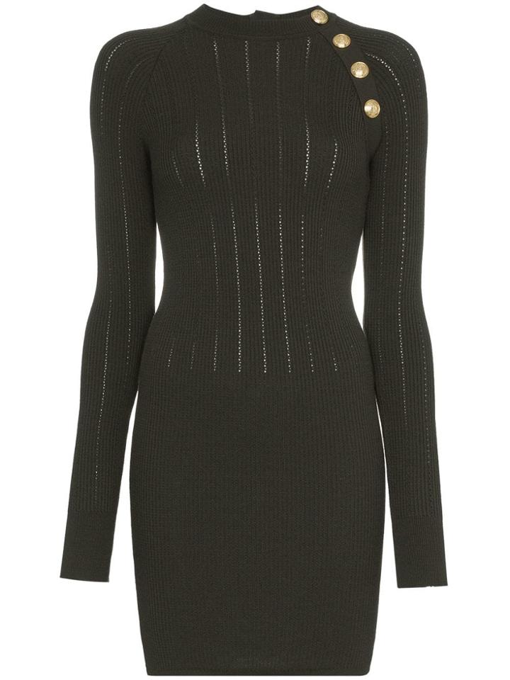 Balmain Button-detail Wool-blend Dress - Green