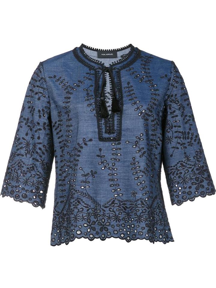Yigal Azrouel Embroidered Details Blouse, Women's, Size: 6, Blue, Cotton/linen/flax