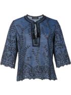 Yigal Azrouel Embroidered Details Blouse, Women's, Size: 6, Blue, Cotton/linen/flax