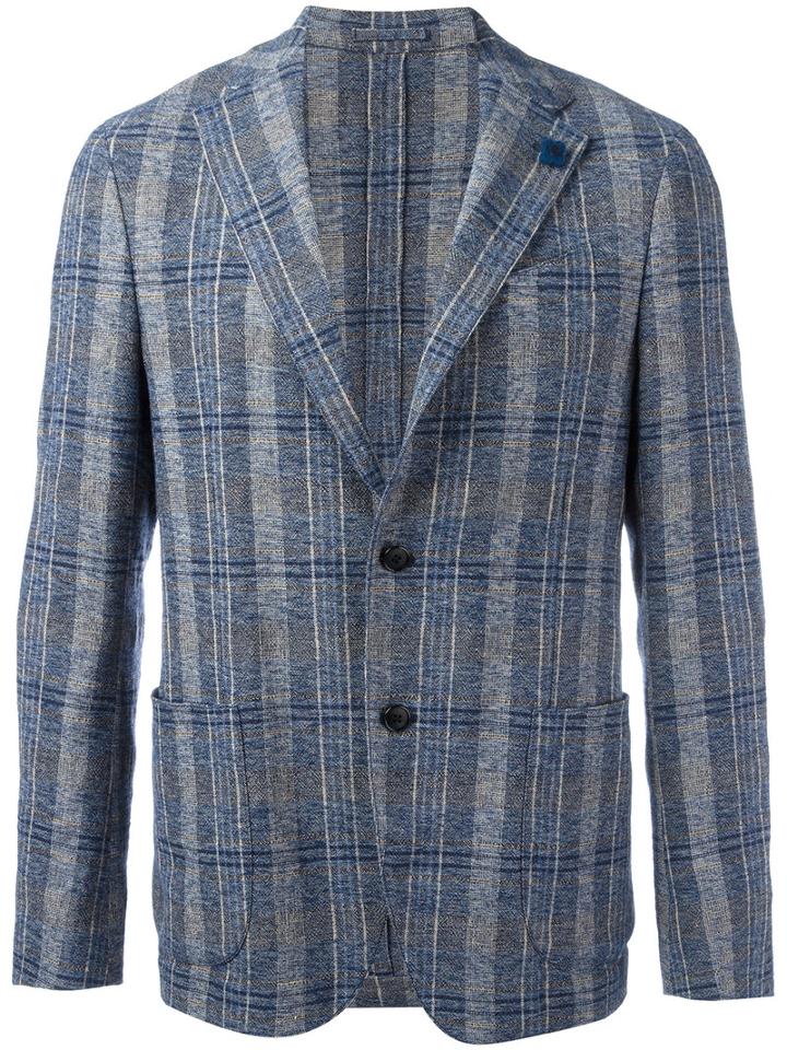 Lardini Checked Blazer, Men's, Size: 56, Blue, Cotton/linen/flax/viscose/polyester