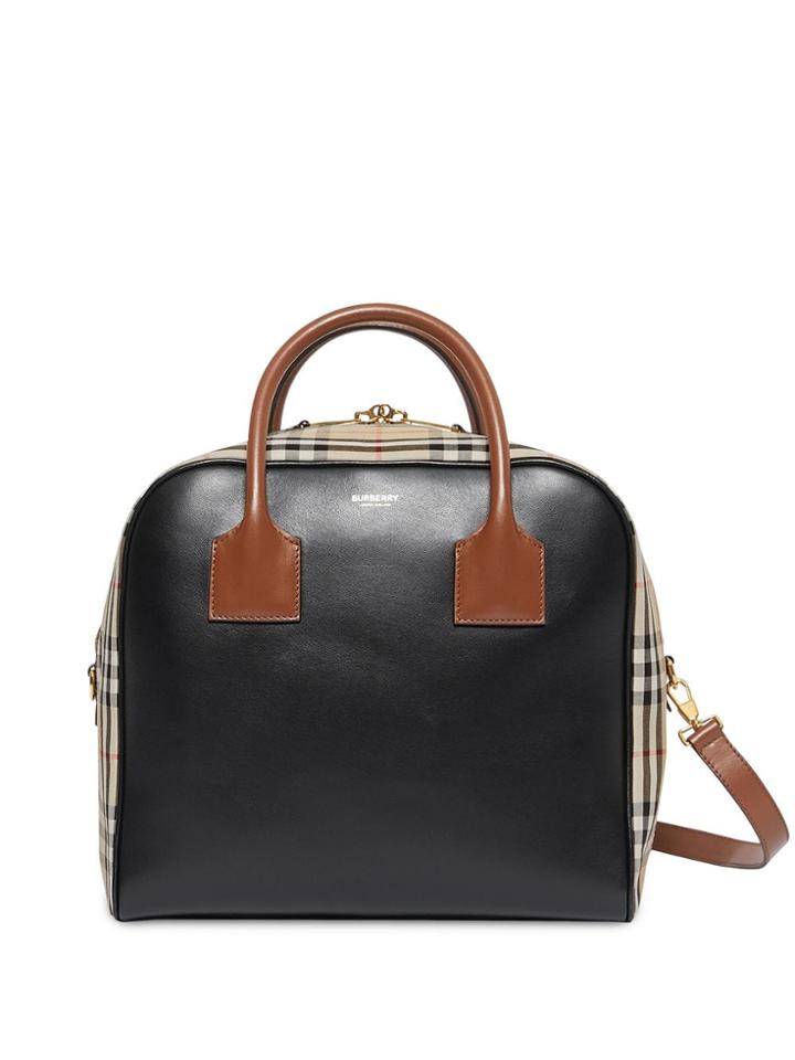 Burberry Medium Leather And Vintage Check Cube Tote - Neutrals