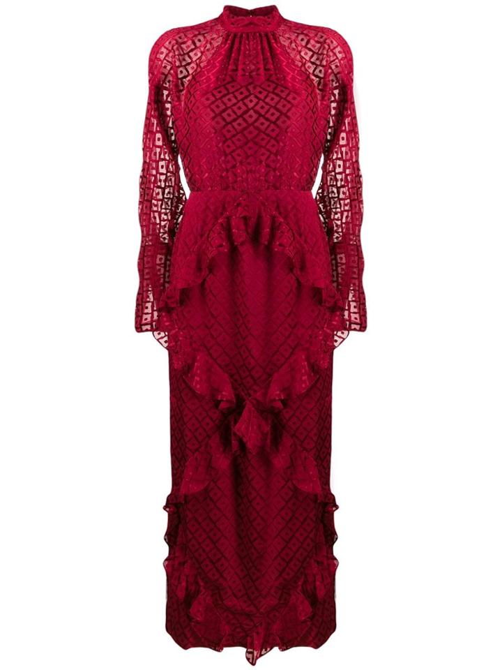 Saloni Geometric Embroidery Frill Dress - Red
