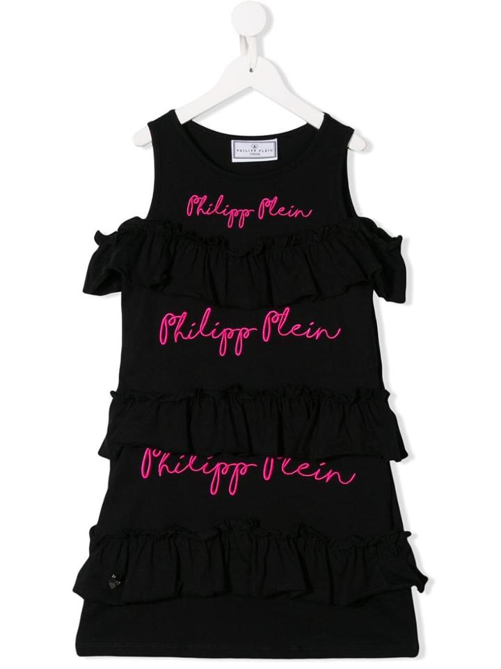 Philipp Plein Junior Logo Frill-trim Dress - Black