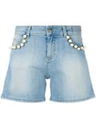 Twin-set - Pearl Embellished Denim Shorts - Women - Cotton/polyester/spandex/elastane - 25, Blue, Cotton/polyester/spandex/elastane