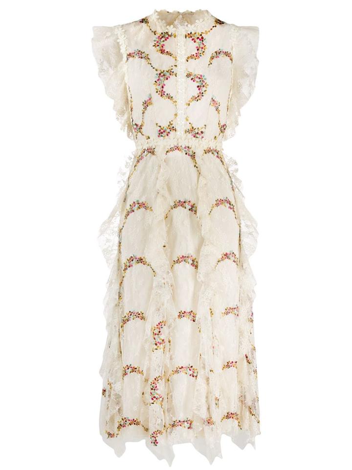 Costarellos Embroidered Ruffle Dress - Neutrals
