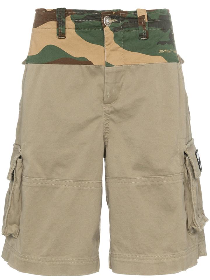 Off-white Spliced Camouflage Print Cargo Cotton Shorts - Green