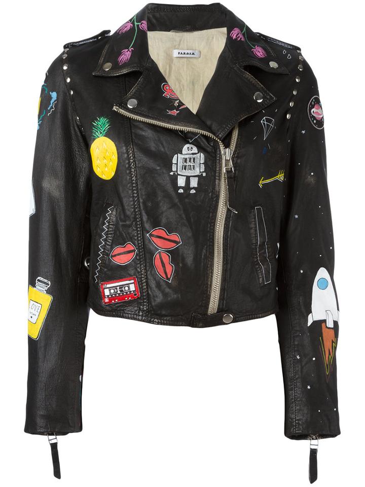 P.a.r.o.s.h. Multi-prints Biker Jacket, Women's, Size: Medium, Black, Sheep Skin/shearling/cotton