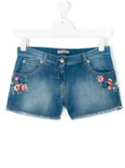 Ermanno Scervino Junior - Embroidered Flower Denim Shorts - Kids - Cotton/polyester/spandex/elastane - 14 Yrs, Blue