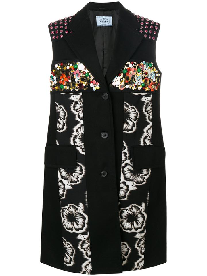 Prada Floral Print Embellished Long Vest - Black