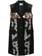 Prada Floral Print Embellished Long Vest - Black