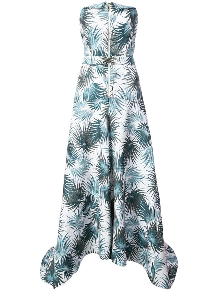 Nicole Miller Foliage Print Strapless Gown - White
