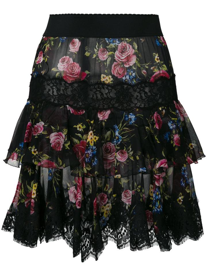 Dolce & Gabbana - Floral Lace Hem Skirt - Women - Silk/cotton/polyamide/spandex/elastane - 40, Black, Silk/cotton/polyamide/spandex/elastane
