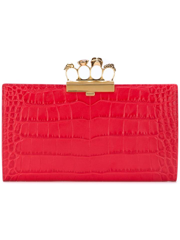 Alexander Mcqueen Knuckle Crocodile Effect Clutch - Red