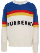 Burberry Striped Logo Intarsia Mohair Wool Blend Sweater - White
