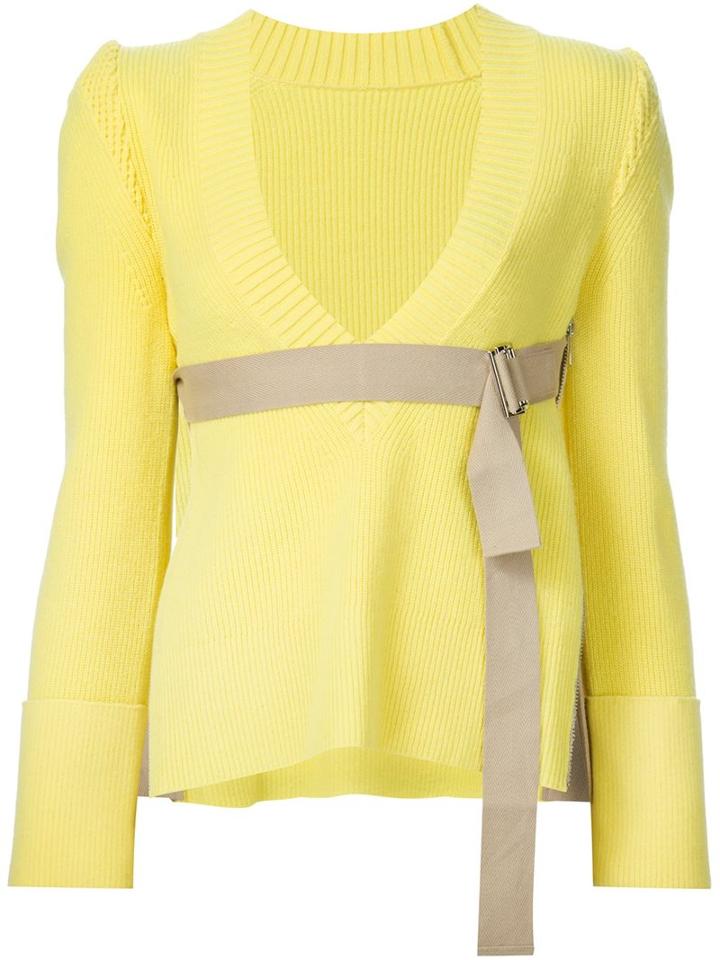 Sacai Belted V-neck Jumper, Women's, Size: 2, Yellow/orange, Wool
