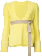 Sacai Belted V-neck Jumper, Women's, Size: 2, Yellow/orange, Wool