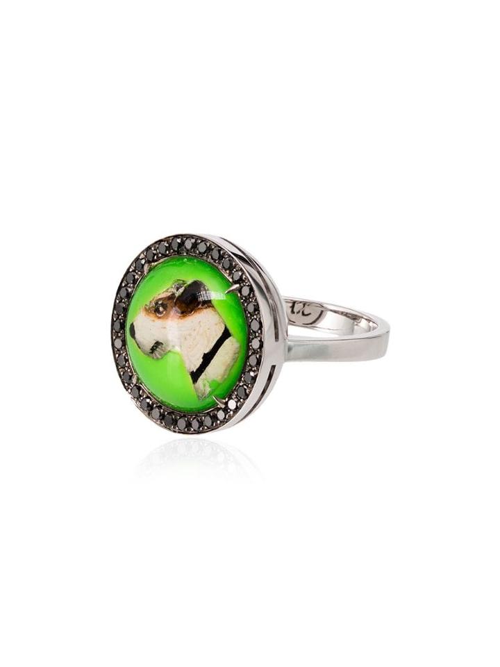 Francesca Villa Diamond Embellished Dog Motif Ring - Green