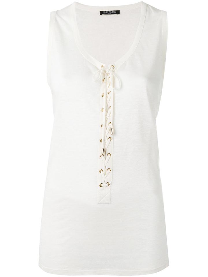 Balmain Lace-up Front Tank, Women's, Size: 42, Nude/neutrals, Linen/flax