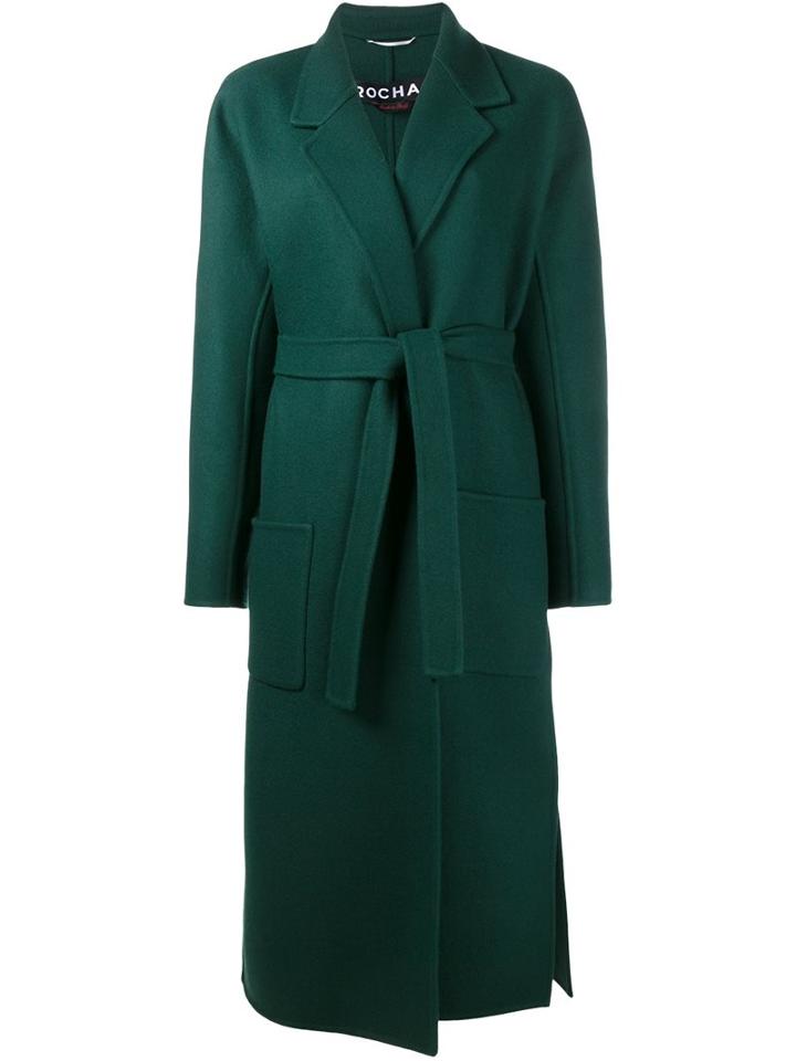 Rochas Long Belted Coat, Women's, Size: 40, Green, Virgin Wool