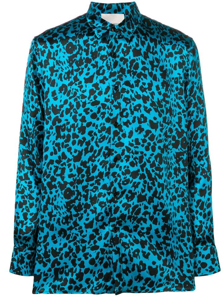 Laneus Leopard Print Fitted Shirt - Blue