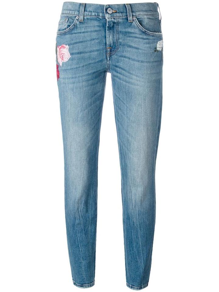 7 For All Mankind Floral Embroidery Jeans, Women's, Size: 25, Blue, Cotton/spandex/elastane