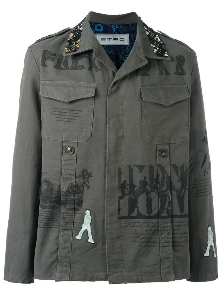Etro Printed Military Shirt Jacket, Men's, Size: Medium, Green, Cotton/spandex/elastane/silk/cupro