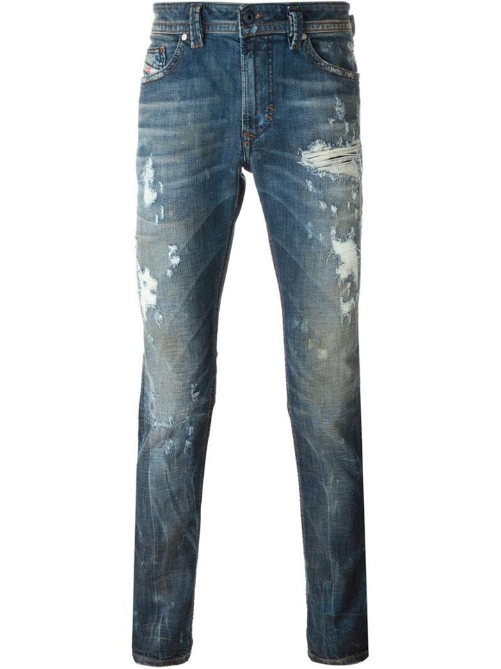 Diesel Distressed Straight Leg Jeans, Men's, Size: 31/32, Blue, Cotton/spandex/elastane