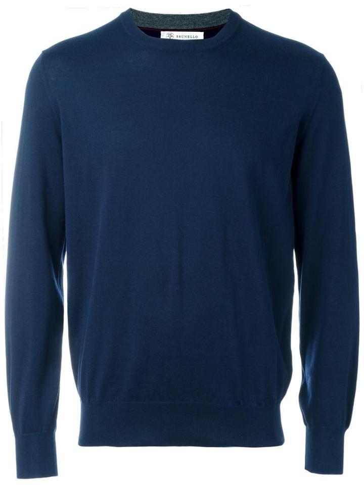Brunello Cucinelli Crew Neck Pullover, Men's, Size: 48, Blue, Cotton