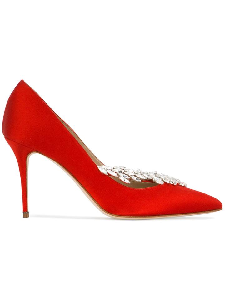 Manolo Blahnik Red Satin Nadira Crystal 95 Pumps