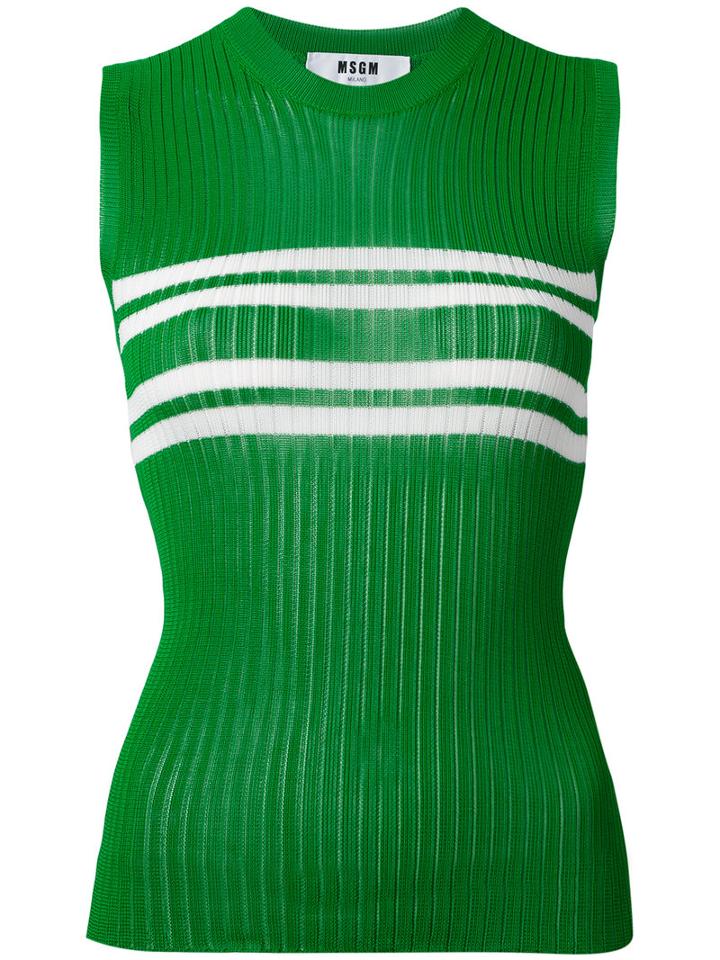 Msgm - Striped Detail Ribbed Tank - Women - Viscose - Xs, Green, Viscose