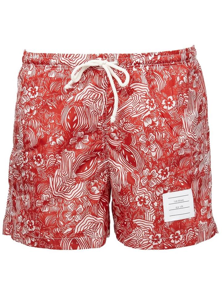 Thom Browne Floral Print Swim Shorts, Men's, Size: 2, Red, Nylon