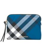 Burberry Top-zip Check Pouch, Women's, Blue, Polyester/calf Leather