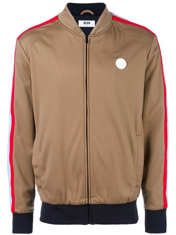 Msgm Logo Plaque Bomber Jacket, Men's, Size: 46, Brown, Polyamide/polyester
