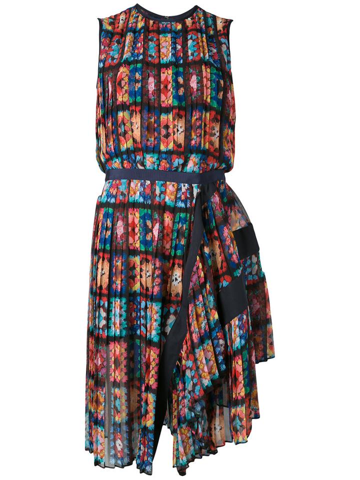 Sacai Floral Pleated Sleeveless Dress, Women's, Size: 2, Polyester/cupro
