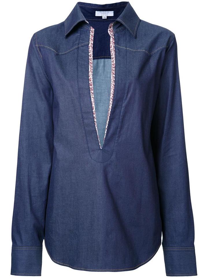 Katharine Hamnett Trim Detail Denim Shirt, Women's, Size: 38, Blue, Cotton/polyurethane
