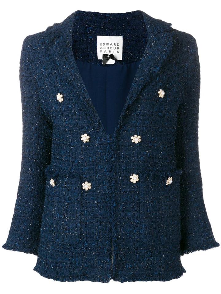 Edward Achour Paris Floral Embellished Tweed Jacket - Blue